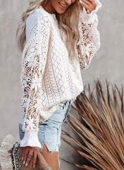 customized Women’s White Crochet Lace Sleeve Open-Knit Sweater