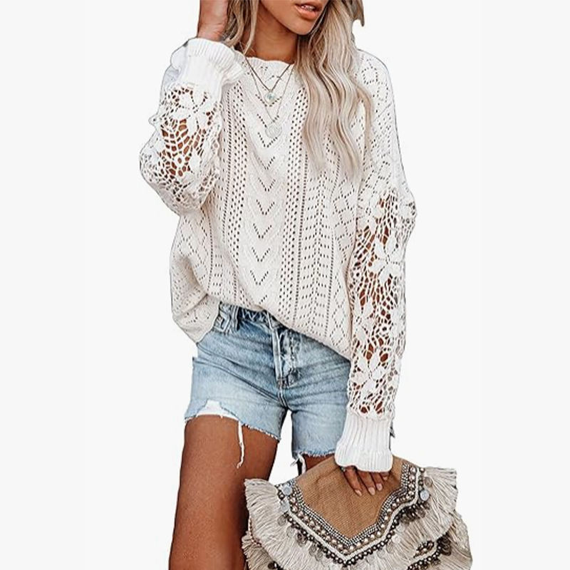 customized Women’s White Crochet Lace Sleeve Open-Knit Sweater
