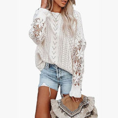 customized Women’s White Crochet Lace Sleeve Open-Knit Sweater