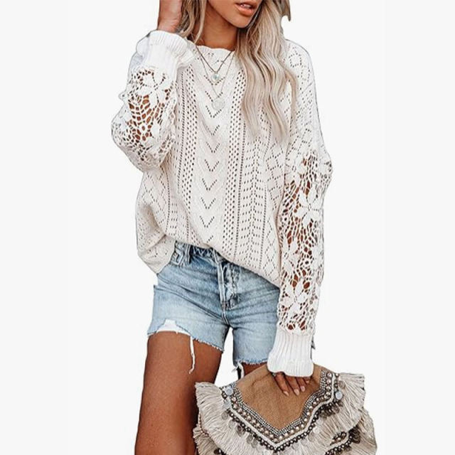 customized Women’s White Crochet Lace Sleeve Open-Knit Sweater