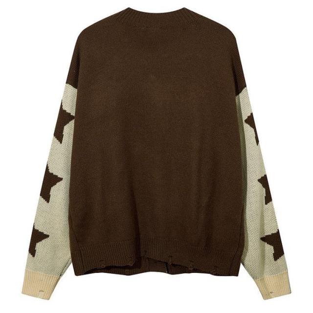 Personalized Women’s Brown Star Pattern Oversized Knit Cardigan