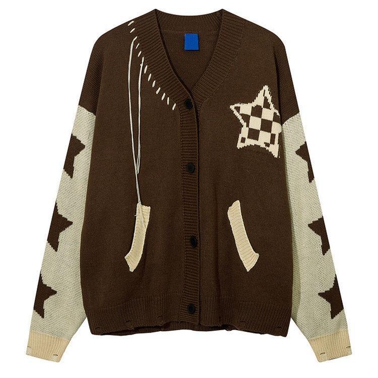 Personalized Women’s Brown Star Pattern Oversized Knit Cardigan