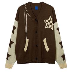 Personalized Women’s Brown Star Pattern Oversized Knit Cardigan