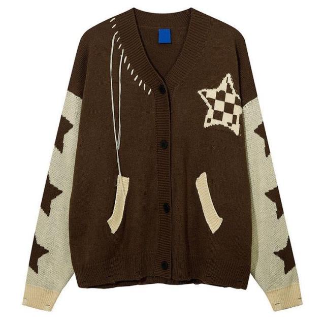 Personalized Women’s Brown Star Pattern Oversized Knit Cardigan