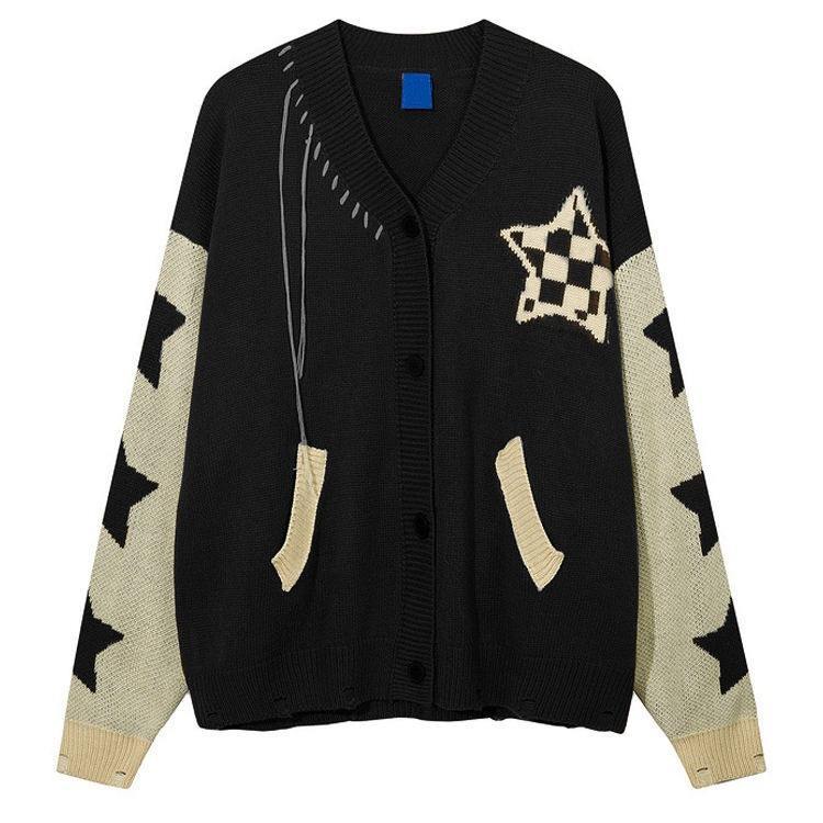 Personalized Women’s Brown Star Pattern Oversized Knit Cardigan