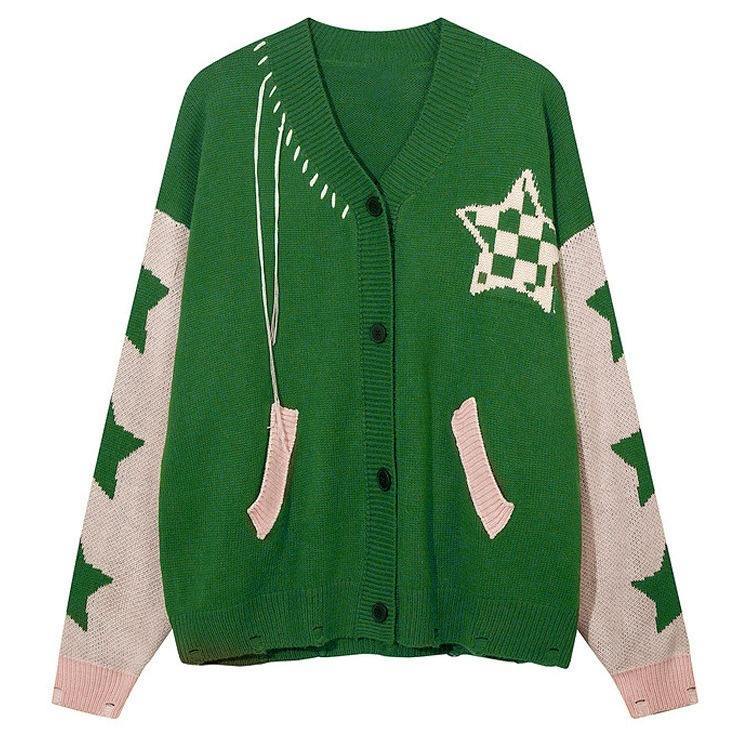 Personalized Women’s Brown Star Pattern Oversized Knit Cardigan