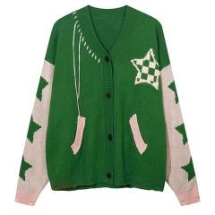 Personalized Women’s Brown Star Pattern Oversized Knit Cardigan