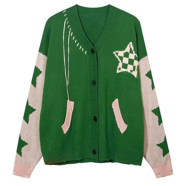 Personalized Women’s Brown Star Pattern Oversized Knit Cardigan