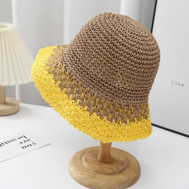 Personalized Two-Tone Handwoven Crochet Straw Bucket Hat for Women