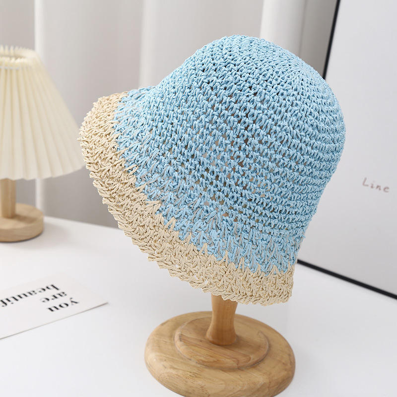 Personalized Two-Tone Handwoven Crochet Straw Bucket Hat for Women