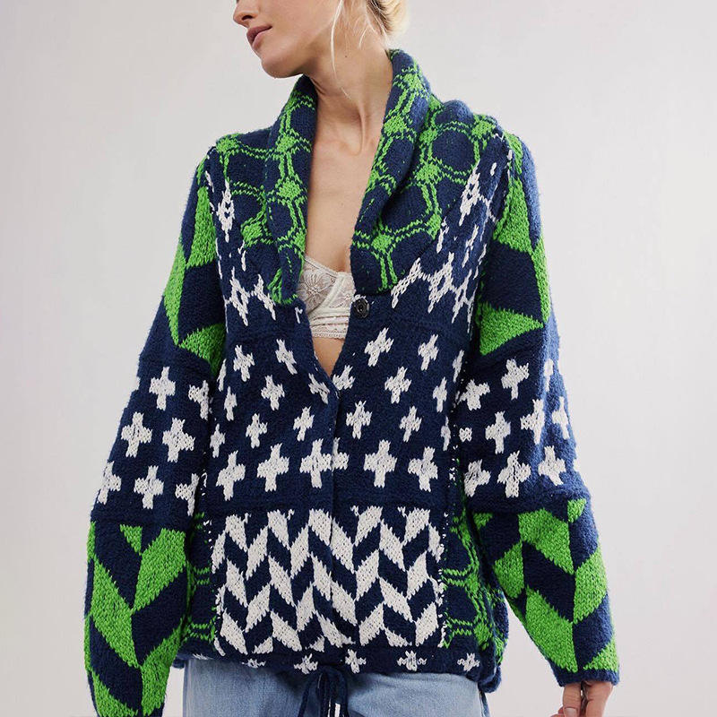 Personalized Women’s Oversized Geometric Jacquard Knit Cardigan Sweater