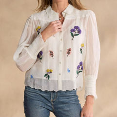 Personalized Women’s White Floral Embroidered Button-Up Blouse with Scalloped Hem