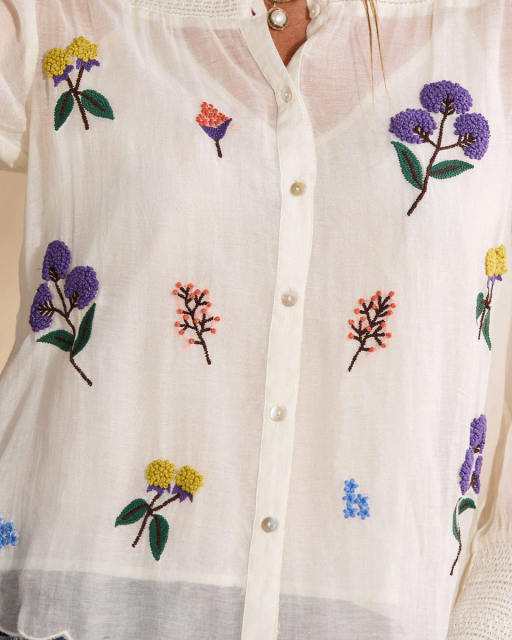 Personalized Women’s White Floral Embroidered Button-Up Blouse with Scalloped Hem