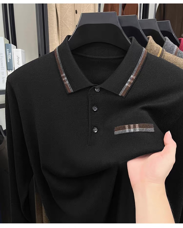 Personalized Men’s Long Sleeve Knit Polo Sweater with Contrast Collar