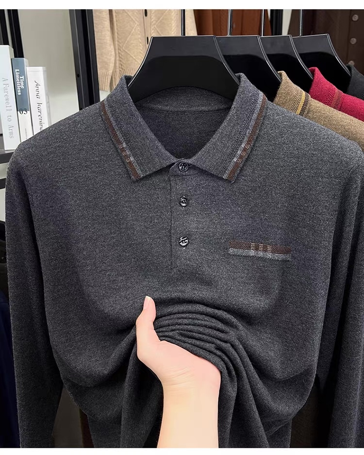 Personalized Men’s Long Sleeve Knit Polo Sweater with Contrast Collar