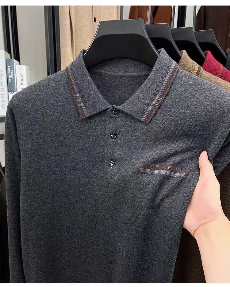 Personalized Men’s Long Sleeve Knit Polo Sweater with Contrast Collar