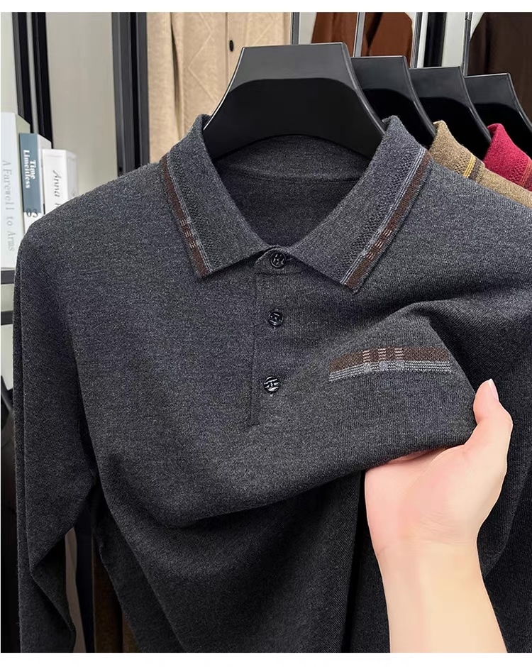 Personalized Men’s Long Sleeve Knit Polo Sweater with Contrast Collar
