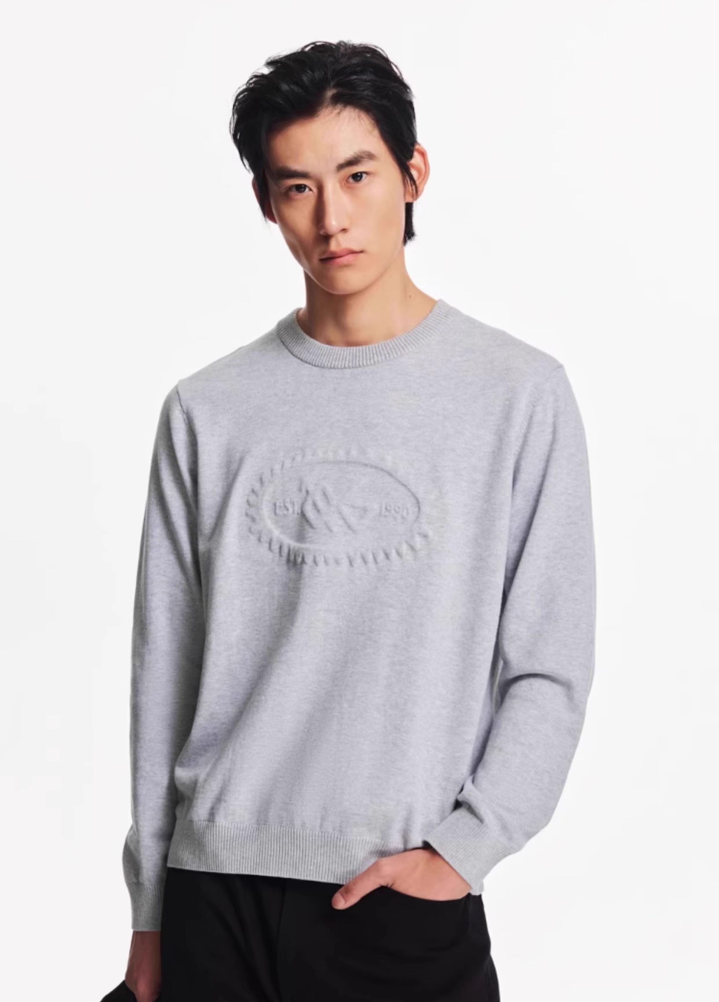 Wholesale Men’s Light Grey Crew Neck Knit Sweater with Embossed Chest Logo