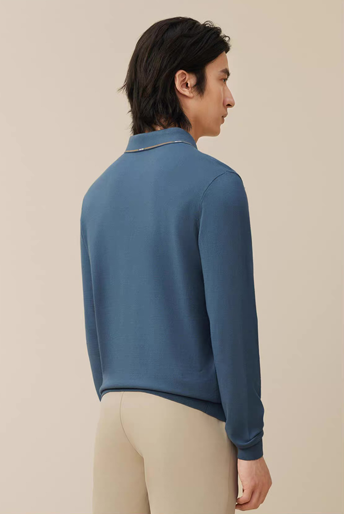 ODM OEM Men’s Long Sleeve Knit Polo Sweater with Contrast Tipped Collar