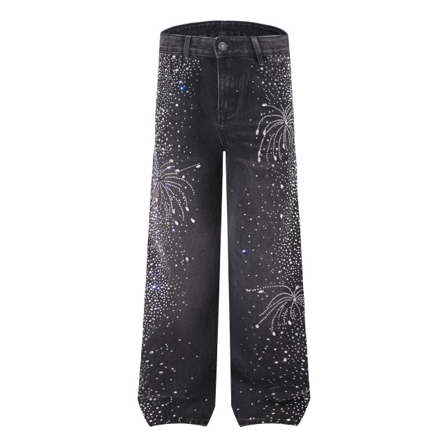 ODM OEM Black Rhinestone Firework Wide-Leg Jeans