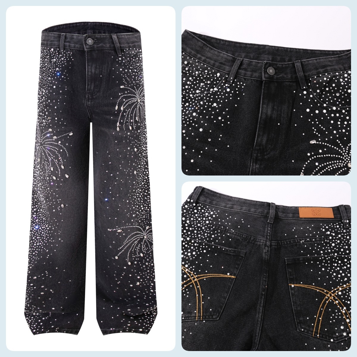 ODM OEM Black Rhinestone Firework Wide-Leg Jeans