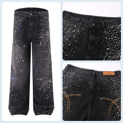 ODM OEM Black Rhinestone Firework Wide-Leg Jeans