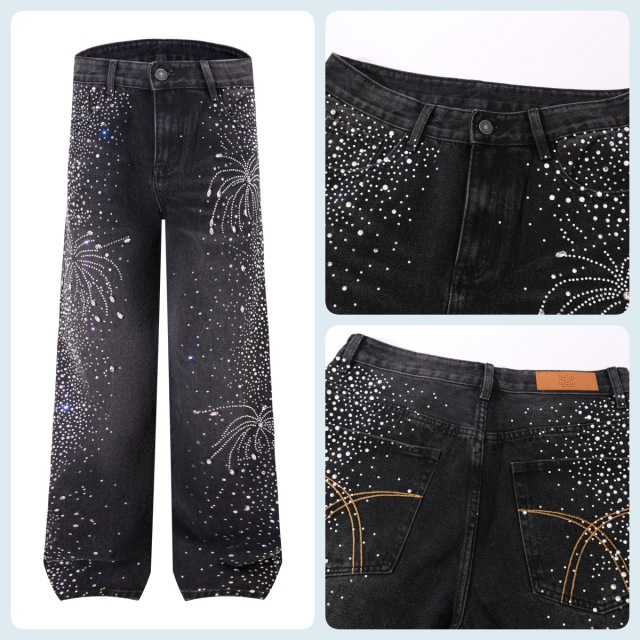 ODM OEM Black Rhinestone Firework Wide-Leg Jeans