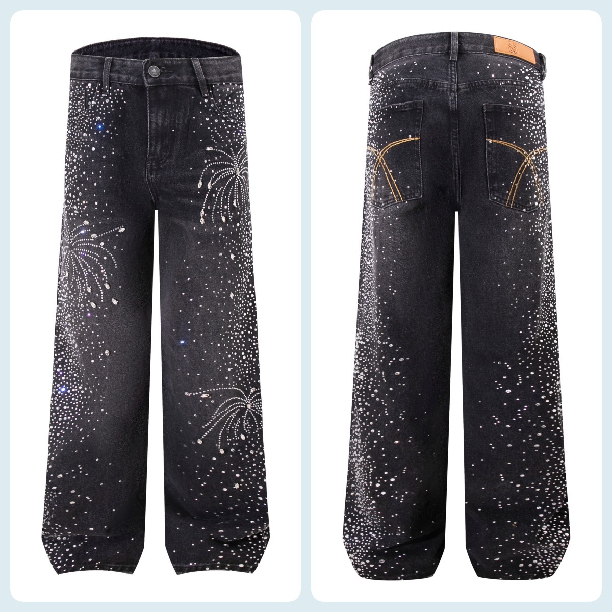 ODM OEM Black Rhinestone Firework Wide-Leg Jeans