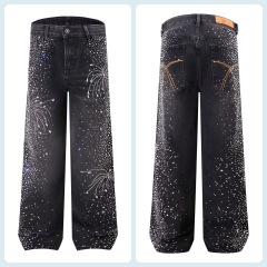 ODM OEM Black Rhinestone Firework Wide-Leg Jeans