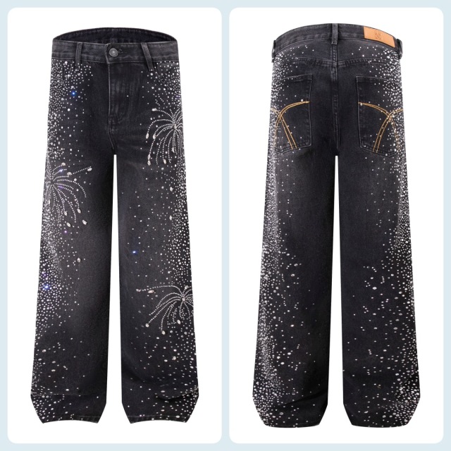 ODM OEM Black Rhinestone Firework Wide-Leg Jeans