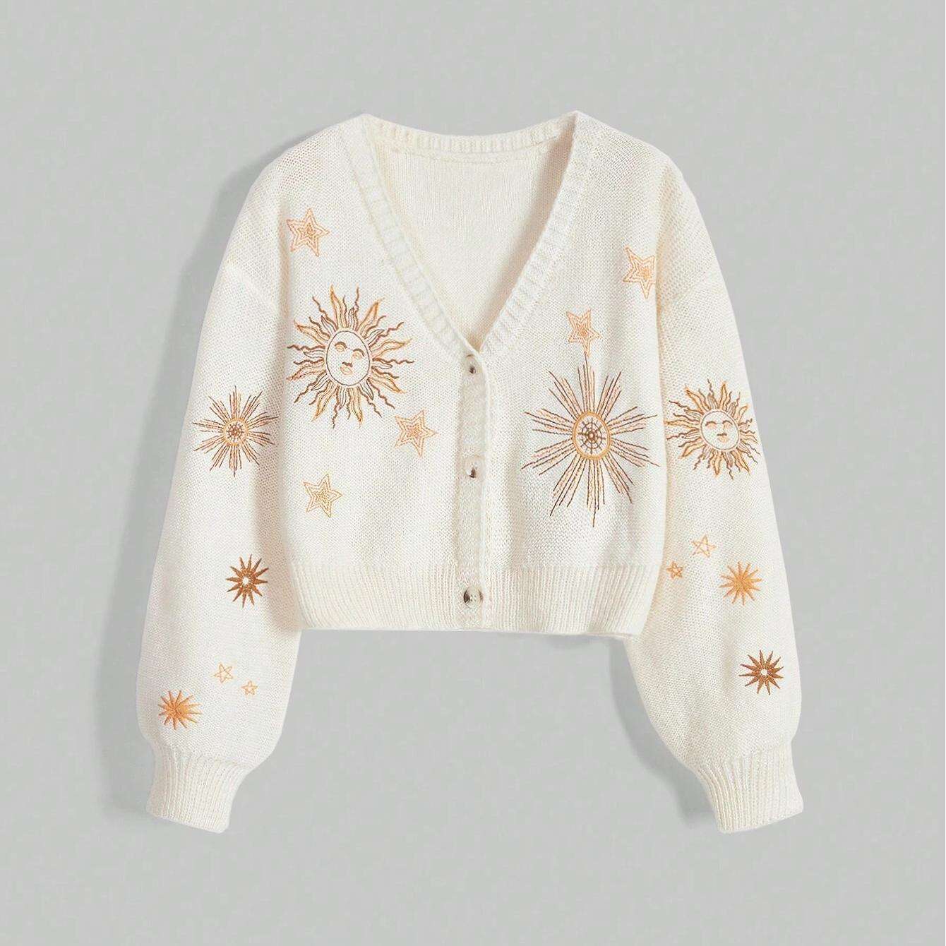 ODM OEM Celestial Sun & Star Embroidered Cropped Knit Cardigan