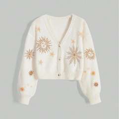 ODM OEM Celestial Sun & Star Embroidered Cropped Knit Cardigan