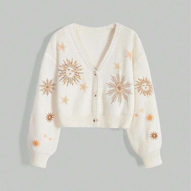 ODM OEM Celestial Sun & Star Embroidered Cropped Knit Cardigan