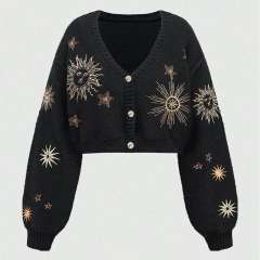 ODM OEM Celestial Sun & Star Embroidered Cropped Knit Cardigan