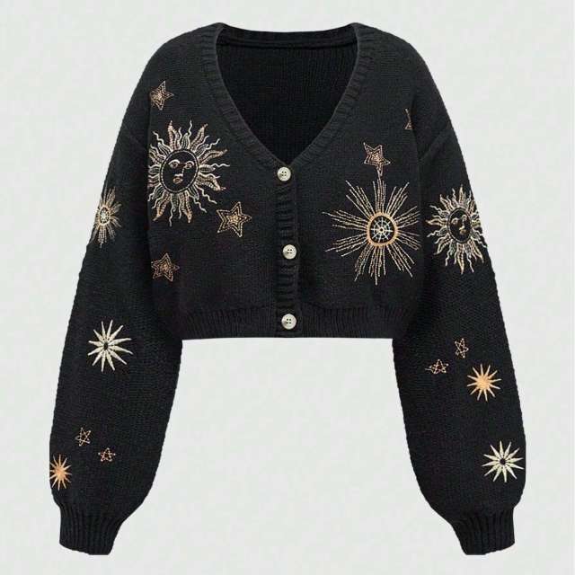 ODM OEM Celestial Sun & Star Embroidered Cropped Knit Cardigan