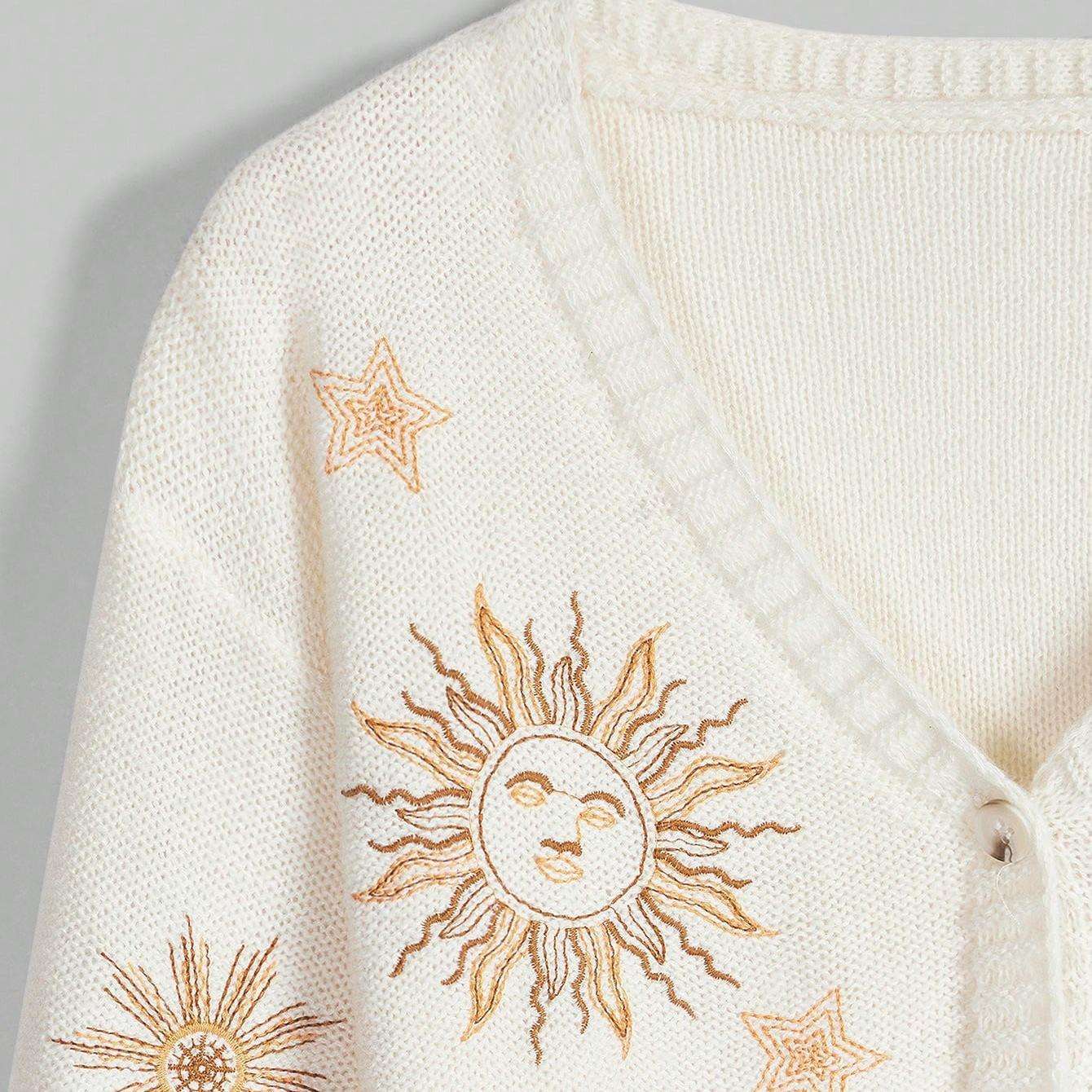 ODM OEM Celestial Sun & Star Embroidered Cropped Knit Cardigan