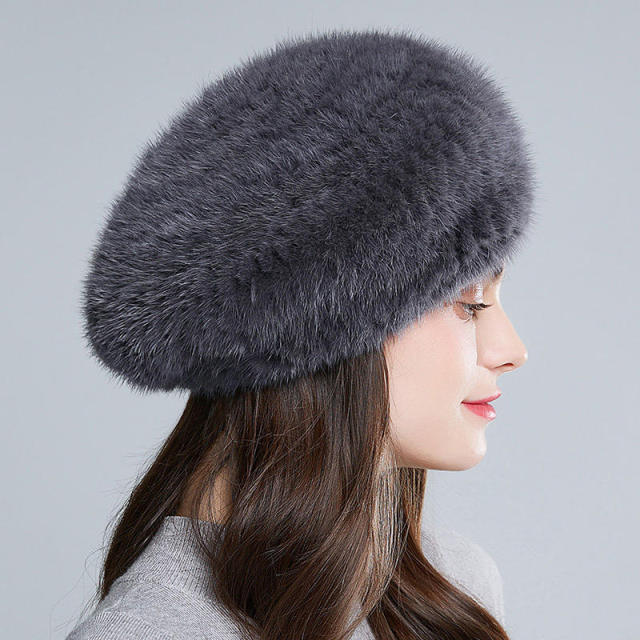ODM OEM Women’s Plush Faux Fur Beret Hat in Charcoal Gray