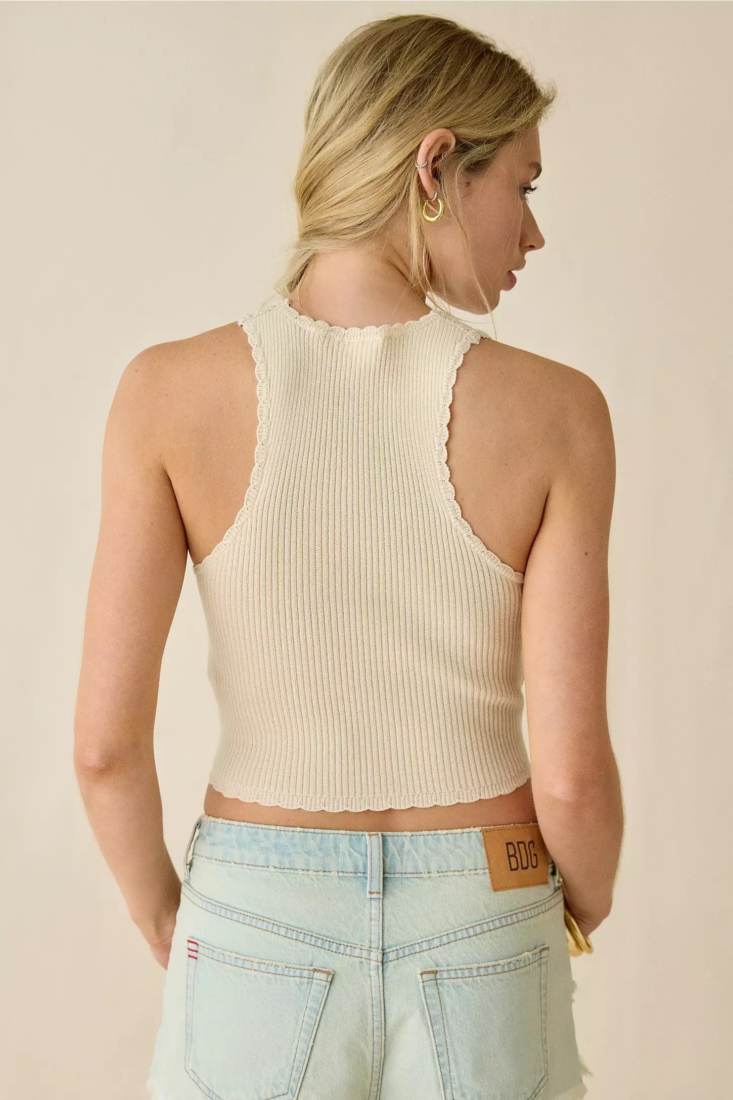 Personalized Women’s Cream Crochet Sleeveless Button-Up Halter Crop Top