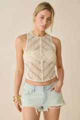 Personalized Women’s Cream Crochet Sleeveless Button-Up Halter Crop Top