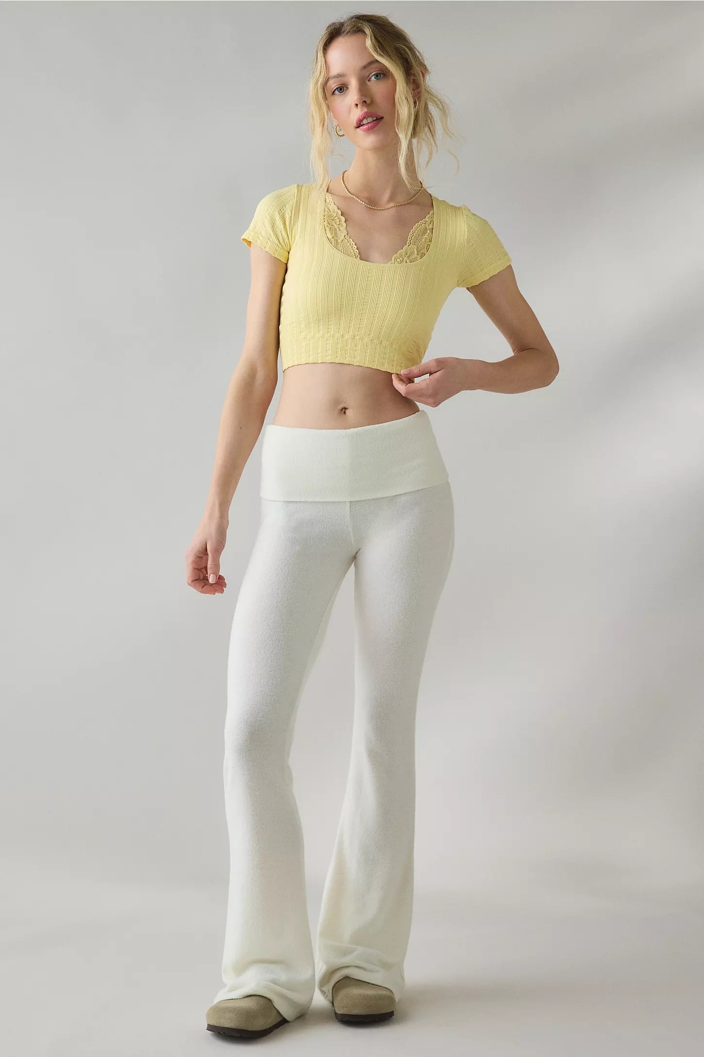 Factory Direct Women’s Lemon Yellow Ribbed Lace-Trim Cropped Short Sleeve Top