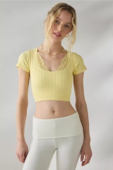 Factory Direct Women’s Lemon Yellow Ribbed Lace-Trim Cropped Short Sleeve Top