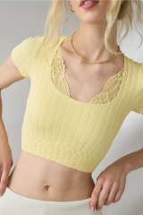 Factory Direct Women’s Lemon Yellow Ribbed Lace-Trim Cropped Short Sleeve Top