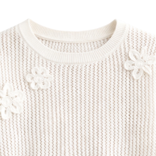 Made-to-order Women’s Ivory Open-Knit Floral Appliqué Short Sleeve Sweater