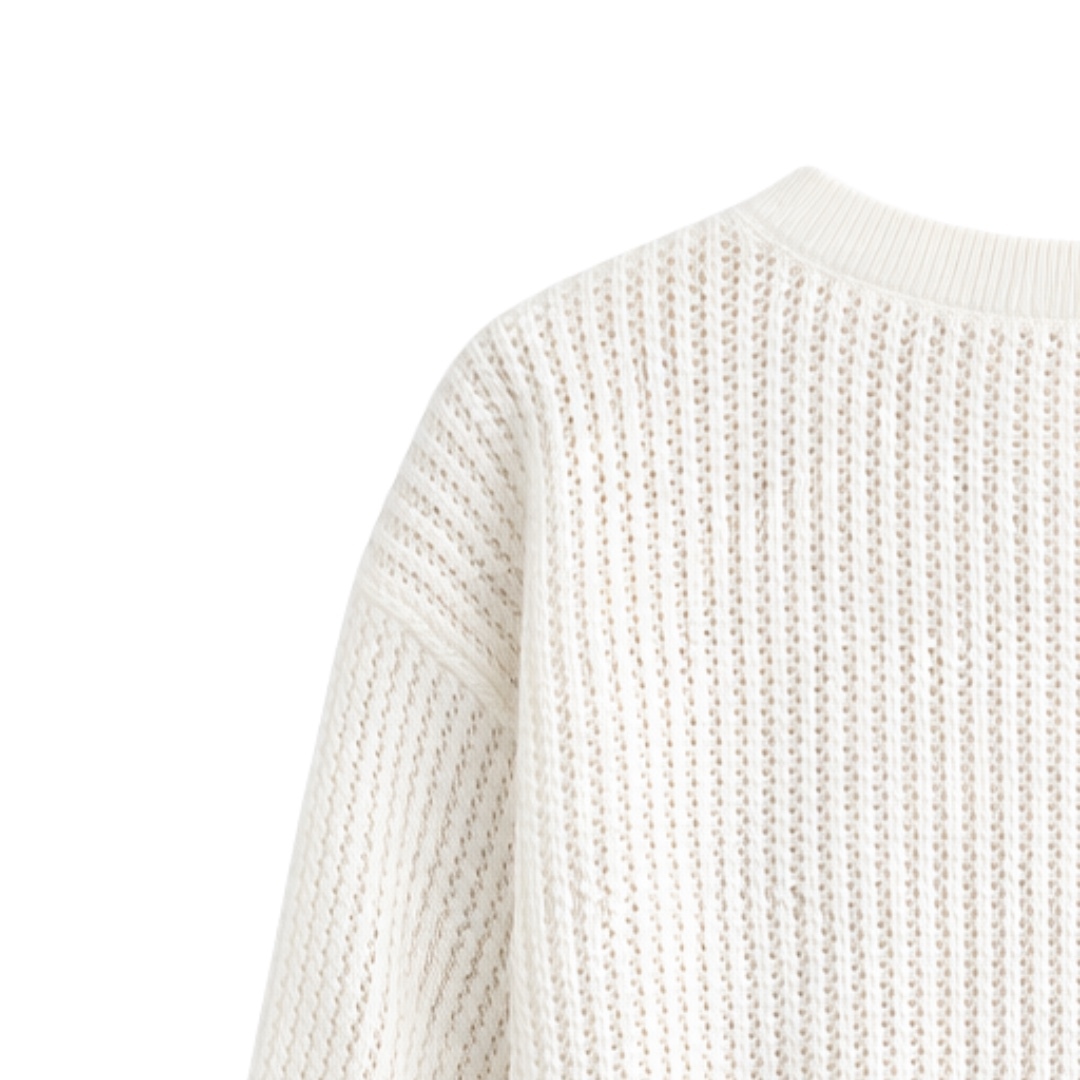 Made-to-order Women’s Ivory Open-Knit Floral Appliqué Short Sleeve Sweater