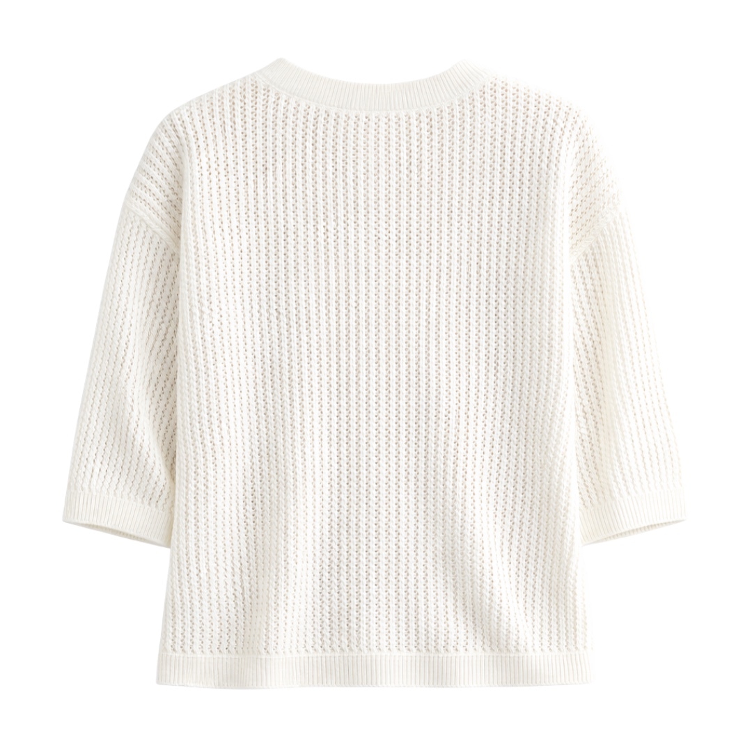 Made-to-order Women’s Ivory Open-Knit Floral Appliqué Short Sleeve Sweater