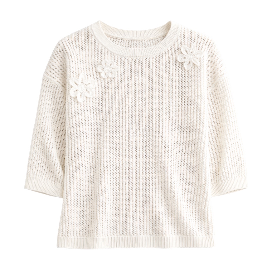Made-to-order Women’s Ivory Open-Knit Floral Appliqué Short Sleeve Sweater