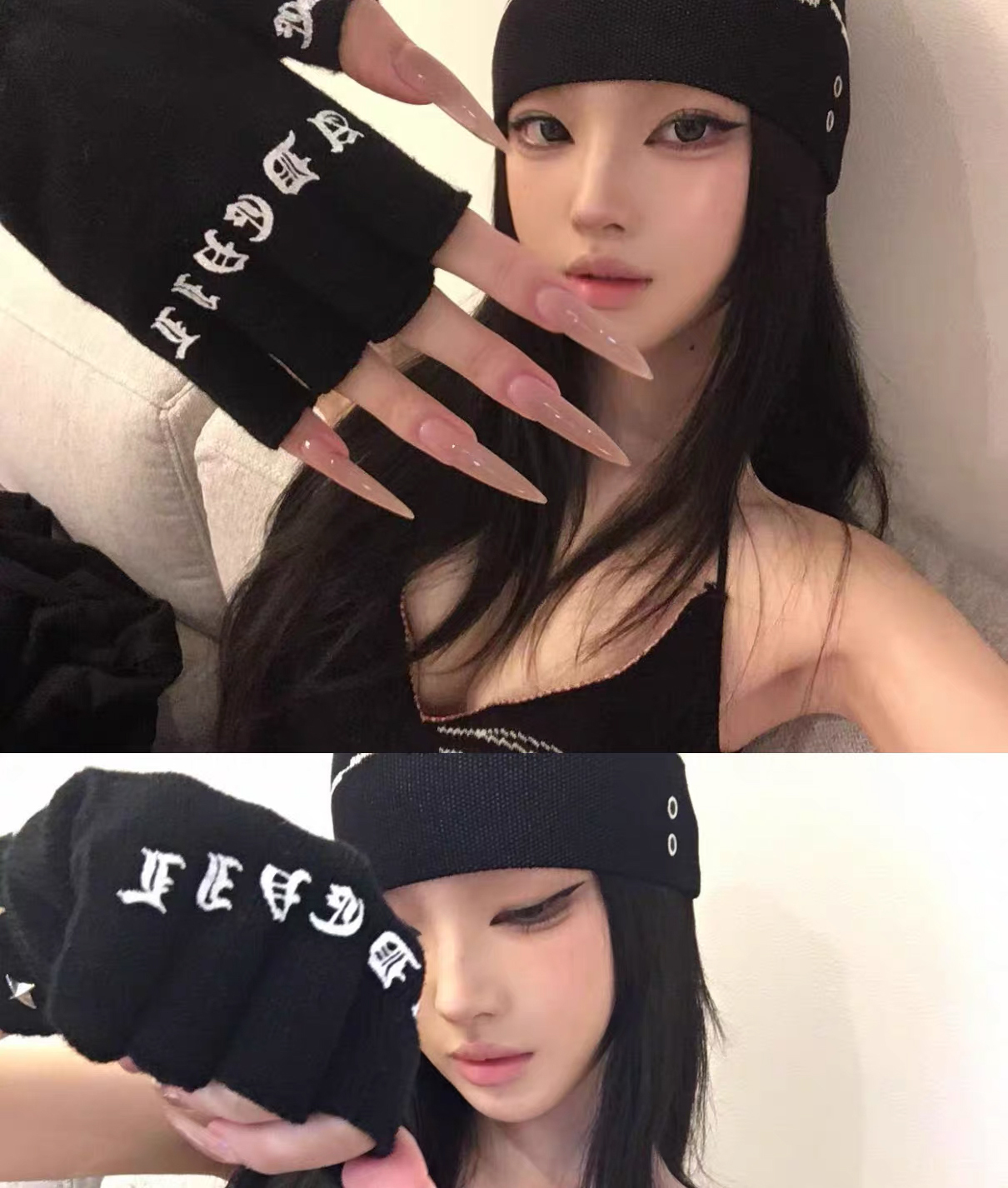 ODM OEM Gothic Star Stud Fingerless Knit Gloves