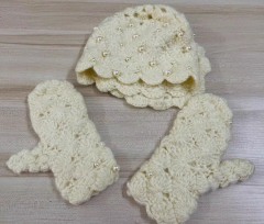 customized Cream Crochet Flower Pearl Hat and Mitten Set