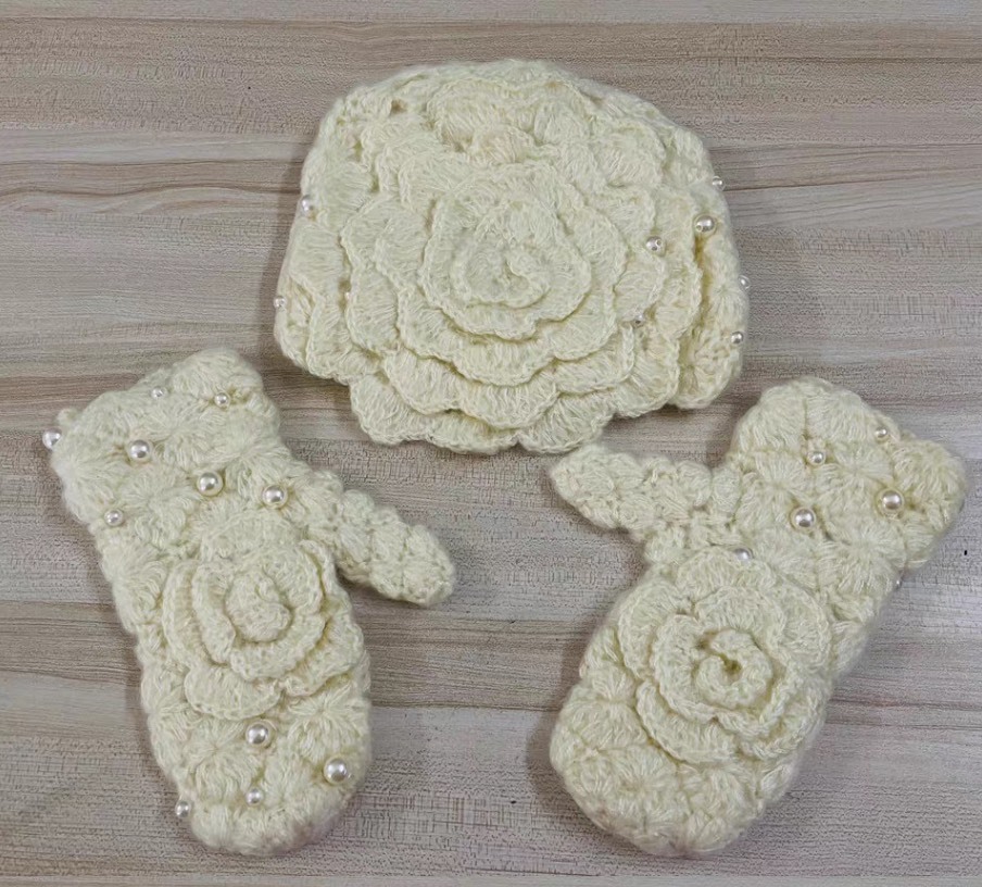 customized Cream Crochet Flower Pearl Hat and Mitten Set