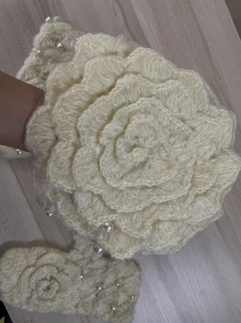 customized Cream Crochet Flower Pearl Hat and Mitten Set